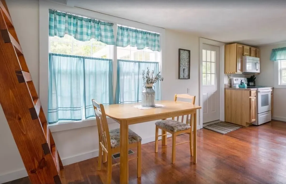 A wooden dining table sits adjacent to kitchen appliances and is accented by checkered curtains and a potted plant. The space feels welcoming and functional, with ample room for meal preparation and family-style dining.